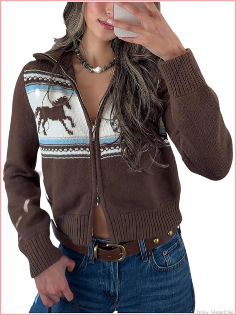 Western Zip Up Cardigan Graphic Knit Sweater Rodeo Outfit